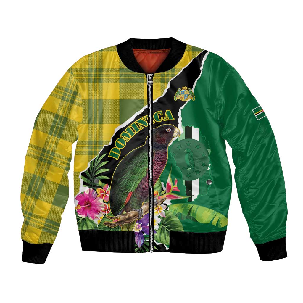 Green bomber jacket with yellow plaid sleeves, front zipper, parrot and tropical flowers print