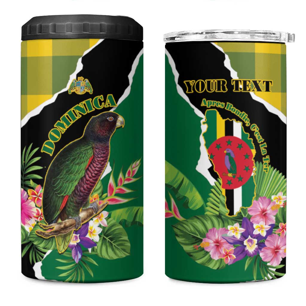 Personalised Dominica Independence Day 4 in 1 Can Cooler Tumbler Sisserou Parrot With Tropical Flowers - Wonder Print Shop