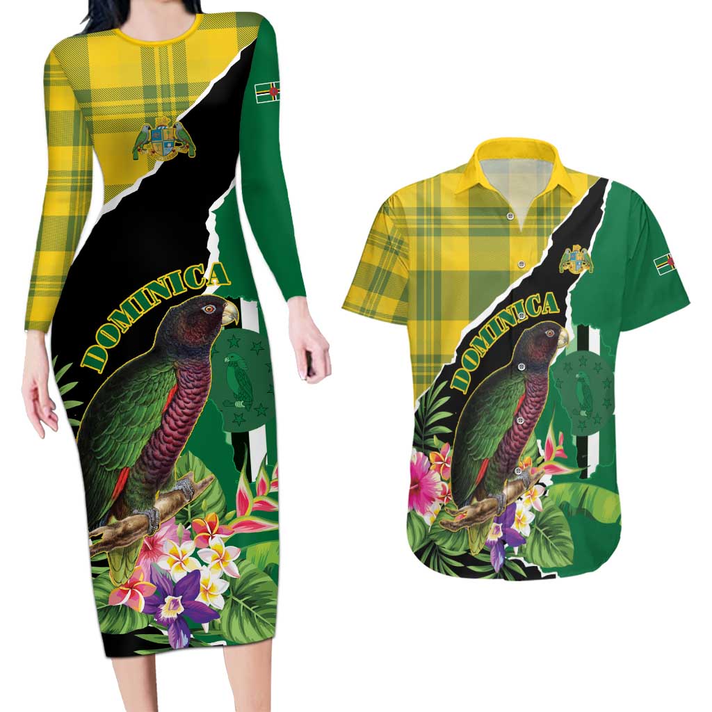 Personalised Dominica Independence Day Couples Matching Long Sleeve Bodycon Dress and Hawaiian Shirt Sisserou Parrot With Tropical Flowers - Wonder Print Shop