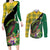 Personalised Dominica Independence Day Couples Matching Long Sleeve Bodycon Dress and Long Sleeve Button Shirt Sisserou Parrot With Tropical Flowers - Wonder Print Shop