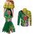 Personalised Dominica Independence Day Couples Matching Mermaid Dress and Long Sleeve Button Shirt Sisserou Parrot With Tropical Flowers