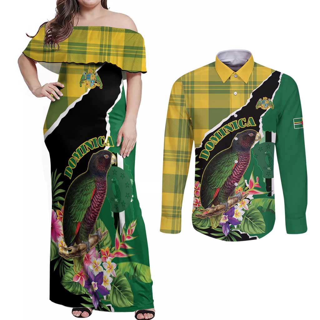 Personalised Dominica Independence Day Couples Matching Off Shoulder Maxi Dress and Long Sleeve Button Shirt Sisserou Parrot With Tropical Flowers - Wonder Print Shop