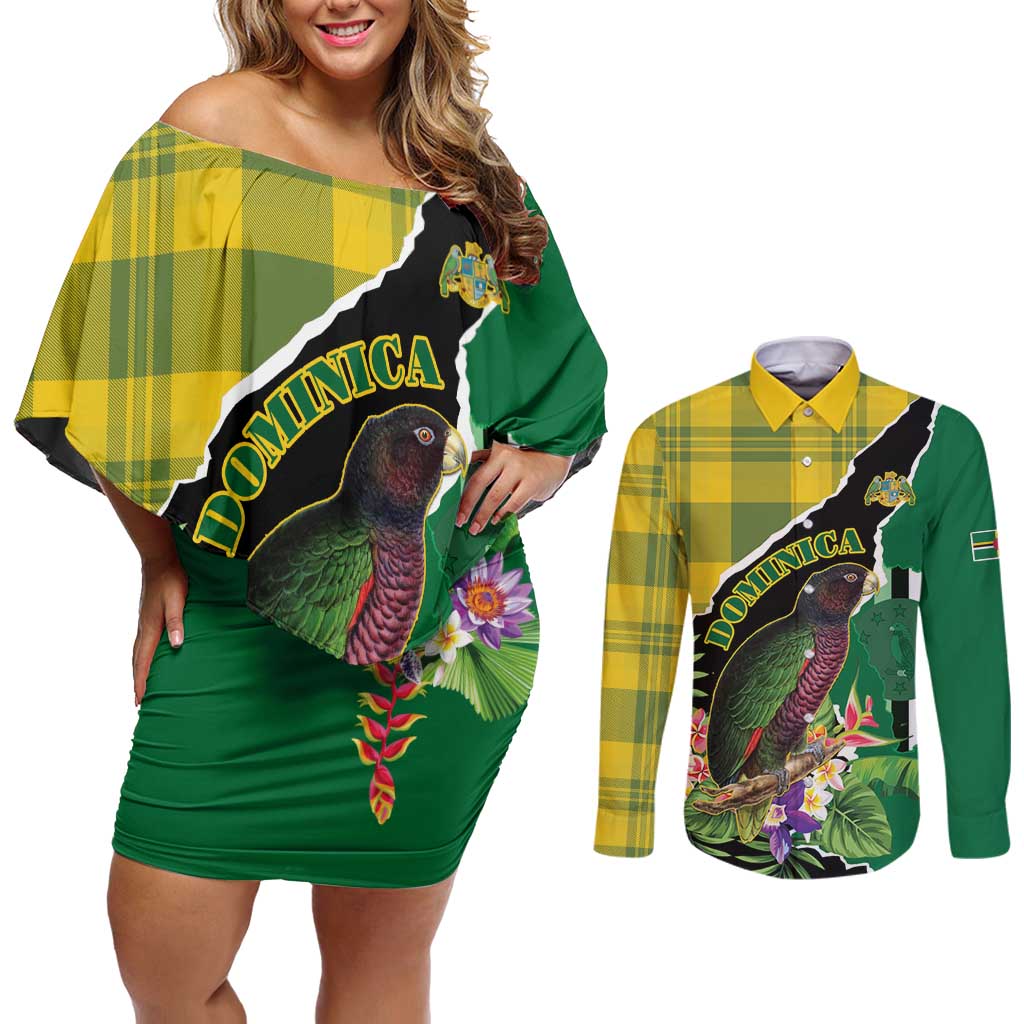 Personalised Dominica Independence Day Couples Matching Off Shoulder Short Dress and Long Sleeve Button Shirt Sisserou Parrot With Tropical Flowers - Wonder Print Shop