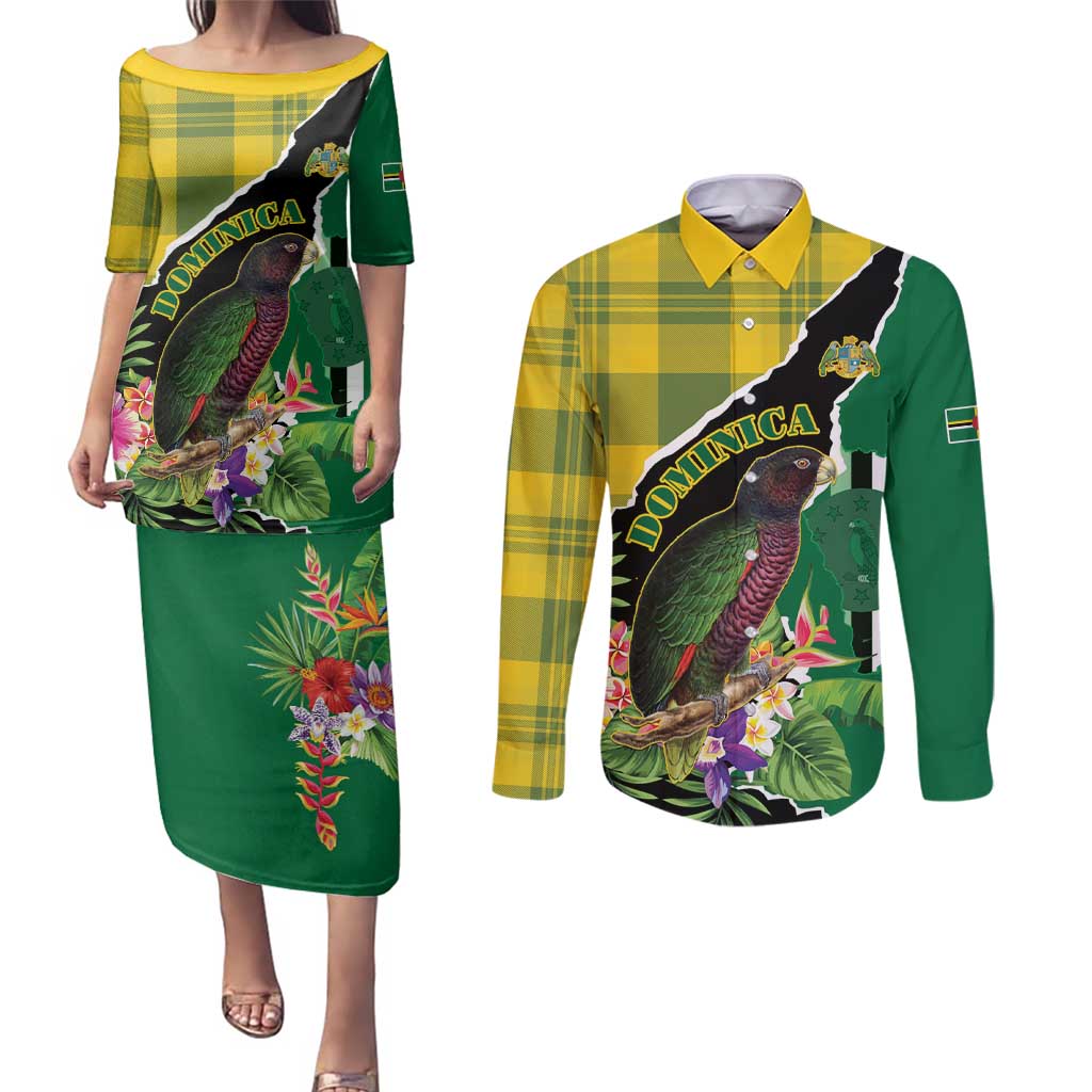 Personalised Dominica Independence Day Couples Matching Puletasi and Long Sleeve Button Shirt Sisserou Parrot With Tropical Flowers - Wonder Print Shop