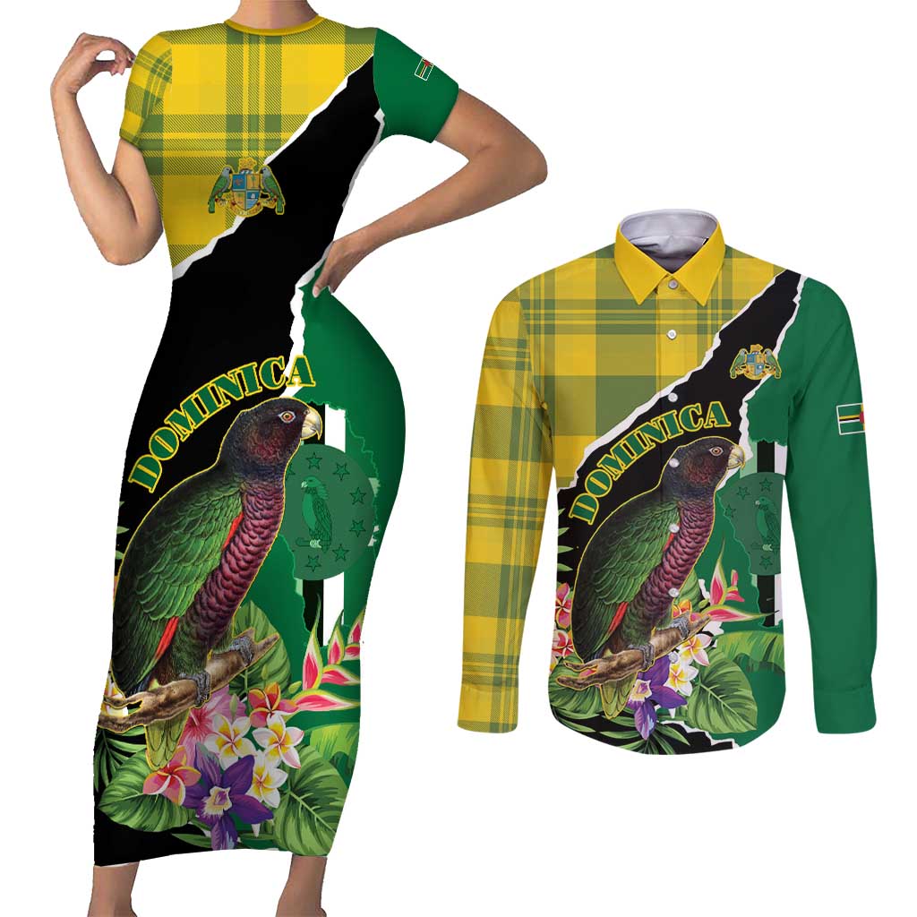 Personalised Dominica Independence Day Couples Matching Short Sleeve Bodycon Dress and Long Sleeve Button Shirt Sisserou Parrot With Tropical Flowers - Wonder Print Shop