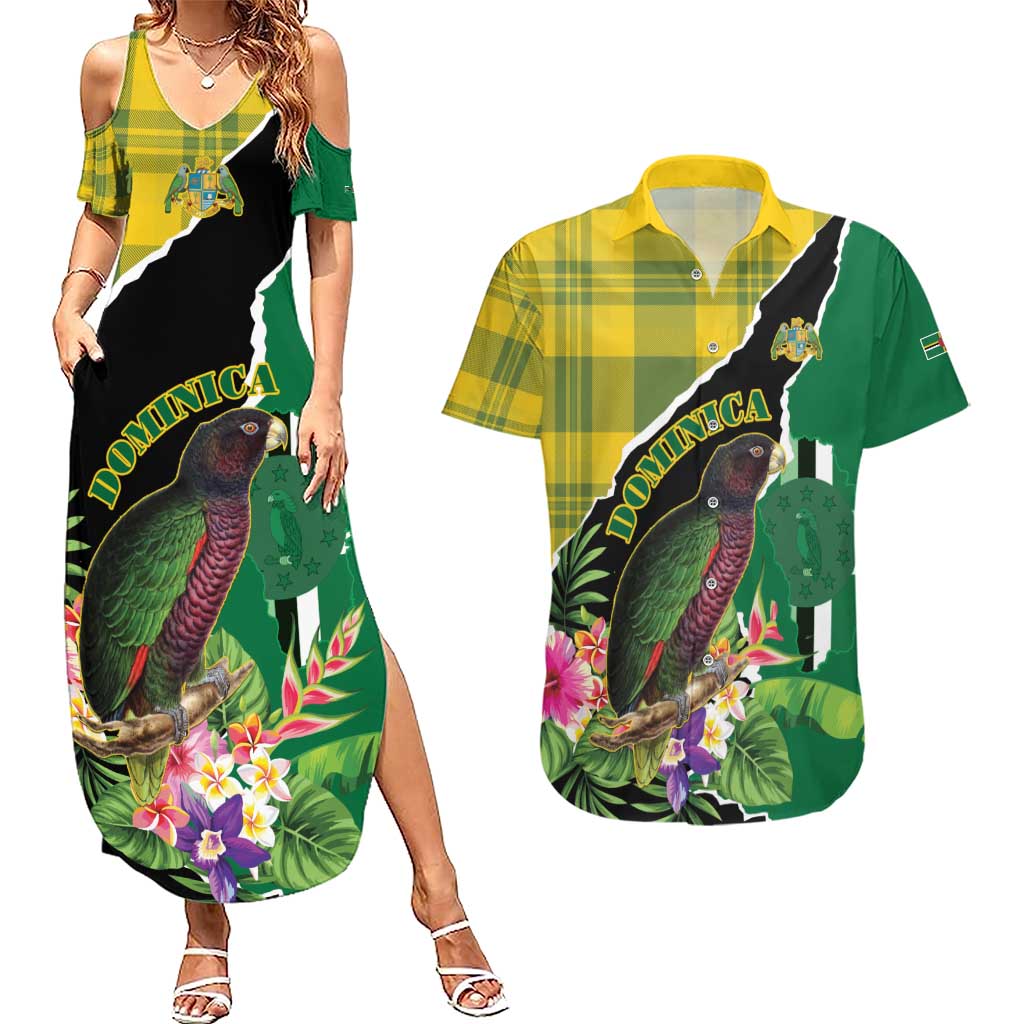 Personalised Dominica Independence Day Couples Matching Summer Maxi Dress and Hawaiian Shirt Sisserou Parrot With Tropical Flowers - Wonder Print Shop