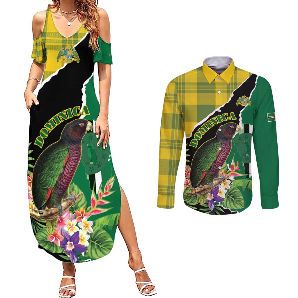 Personalised Dominica Independence Day Couples Matching Summer Maxi Dress and Long Sleeve Button Shirt Sisserou Parrot With Tropical Flowers - Wonder Print Shop