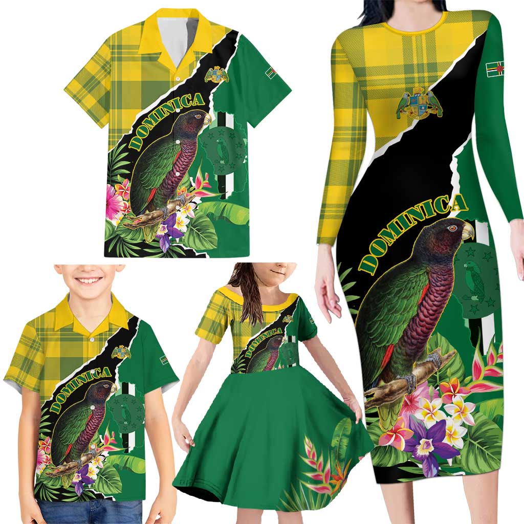 Personalised Dominica Independence Day Family Matching Long Sleeve Bodycon Dress and Hawaiian Shirt Sisserou Parrot With Tropical Flowers - Wonder Print Shop