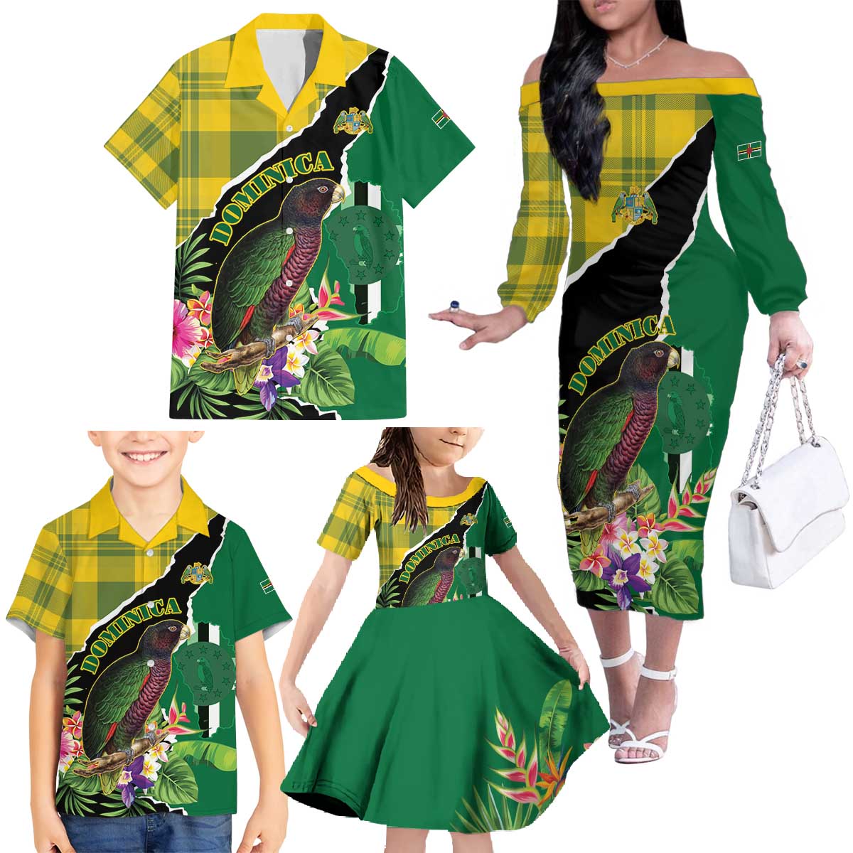 Personalised Dominica Independence Day Family Matching Off The Shoulder Long Sleeve Dress and Hawaiian Shirt Sisserou Parrot With Tropical Flowers - Wonder Print Shop