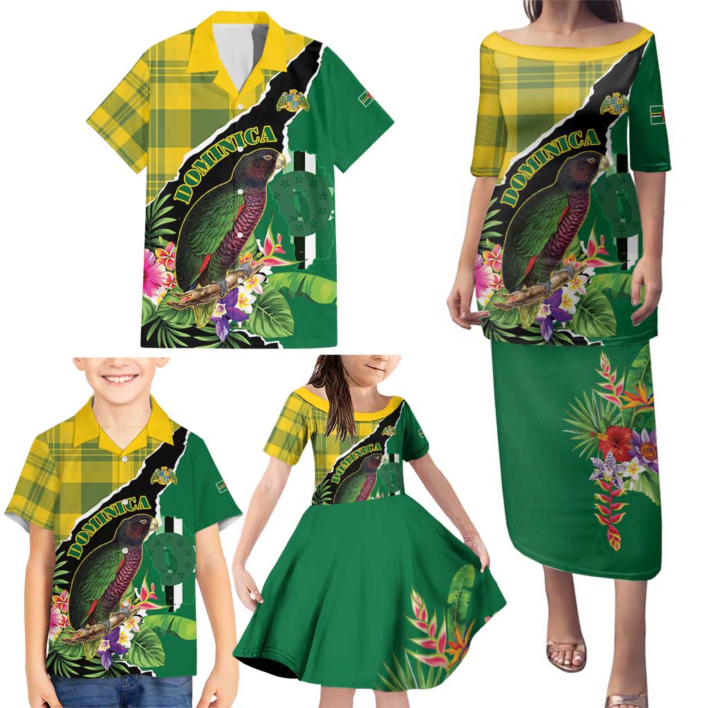 Personalised Dominica Independence Day Family Matching Puletasi and Hawaiian Shirt Sisserou Parrot With Tropical Flowers - Wonder Print Shop