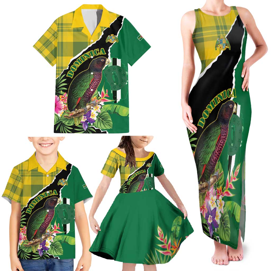 Personalised Dominica Independence Day Family Matching Tank Maxi Dress and Hawaiian Shirt Sisserou Parrot With Tropical Flowers - Wonder Print Shop