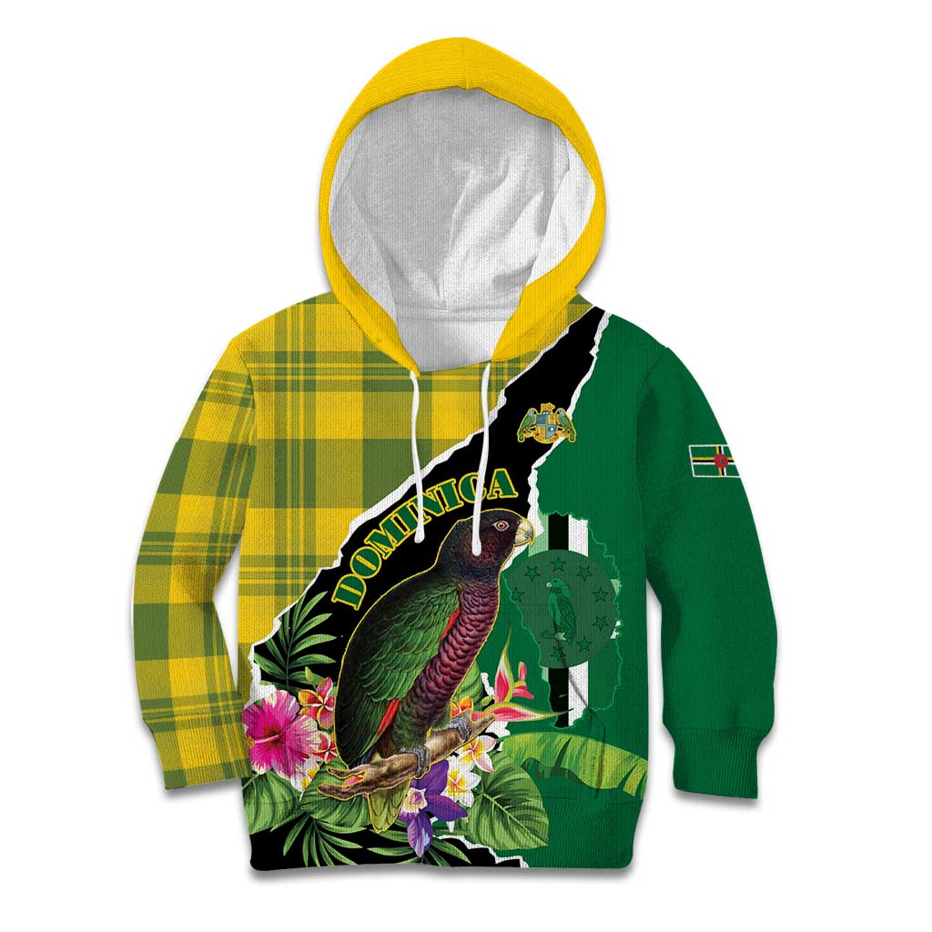 Personalised Dominica Independence Day Kid Hoodie Sisserou Parrot With Tropical Flowers - Wonder Print Shop