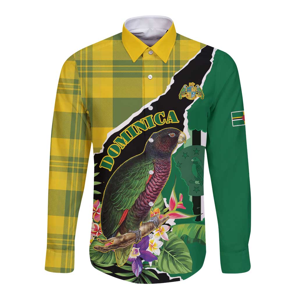 Personalised Dominica Independence Day Long Sleeve Button Shirt Sisserou Parrot With Tropical Flowers - Wonder Print Shop