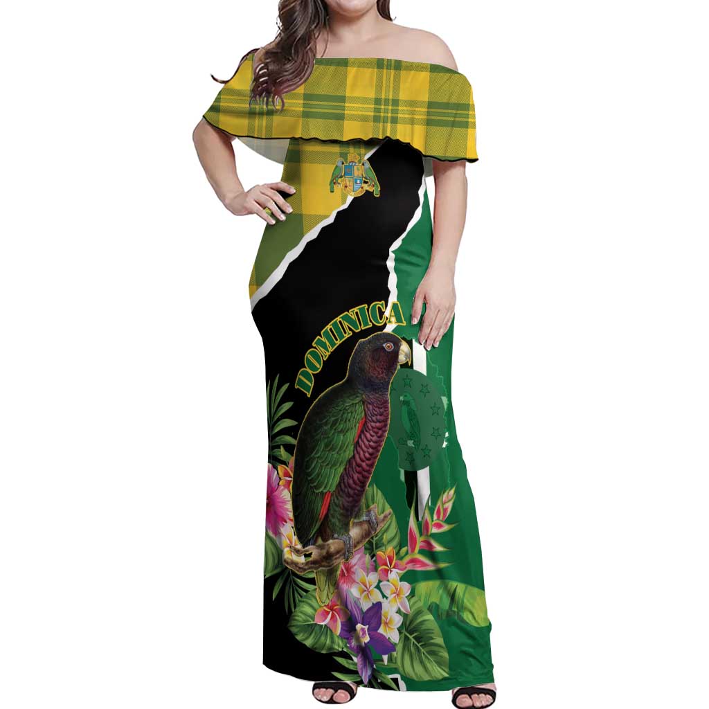 Personalised Dominica Independence Day Off Shoulder Maxi Dress Sisserou Parrot With Tropical Flowers - Wonder Print Shop