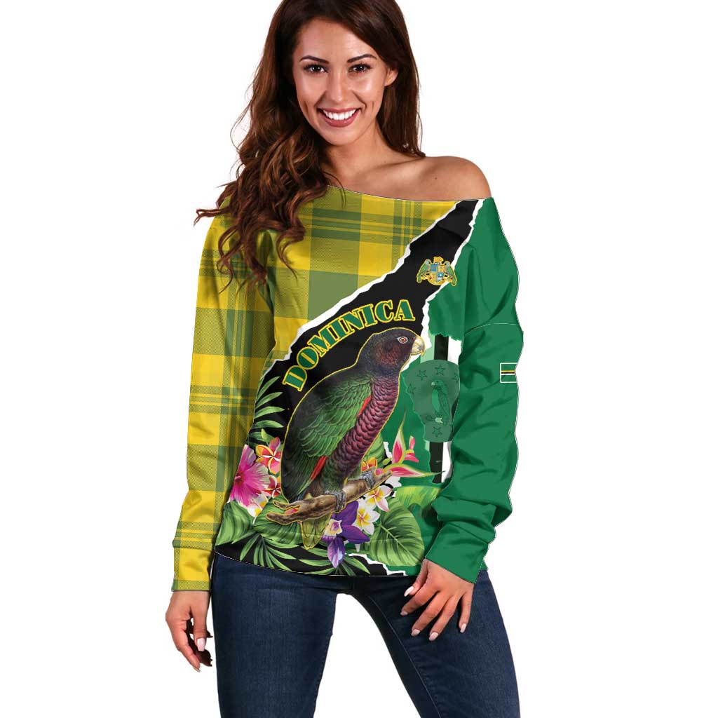 Personalised Dominica Independence Day Off Shoulder Sweater Sisserou Parrot With Tropical Flowers - Wonder Print Shop