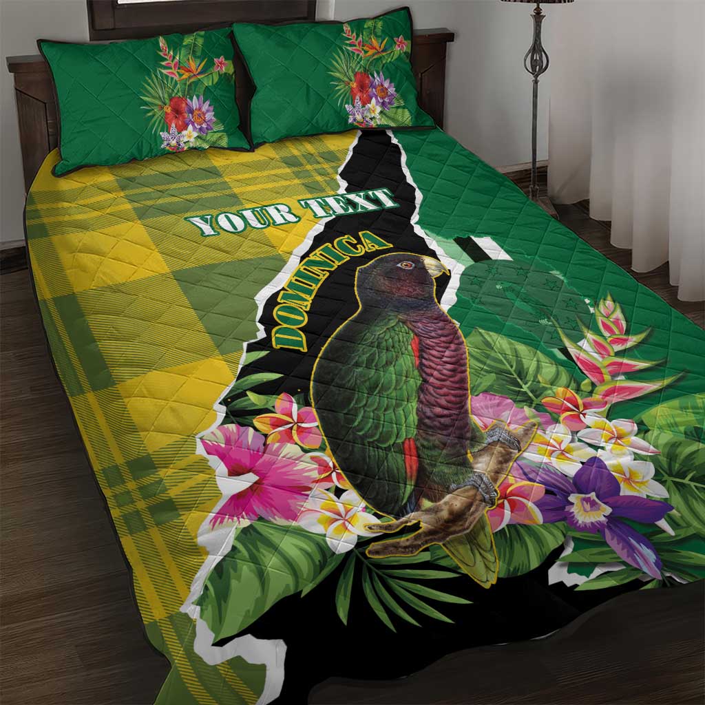 Personalised Dominica Independence Day Quilt Bed Set Sisserou Parrot With Tropical Flowers - Wonder Print Shop