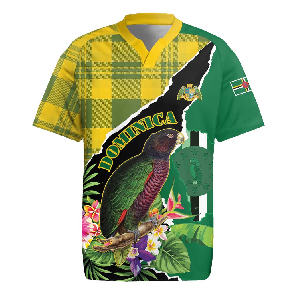 Personalised Dominica Independence Day Rugby Jersey Sisserou Parrot With Tropical Flowers - Wonder Print Shop