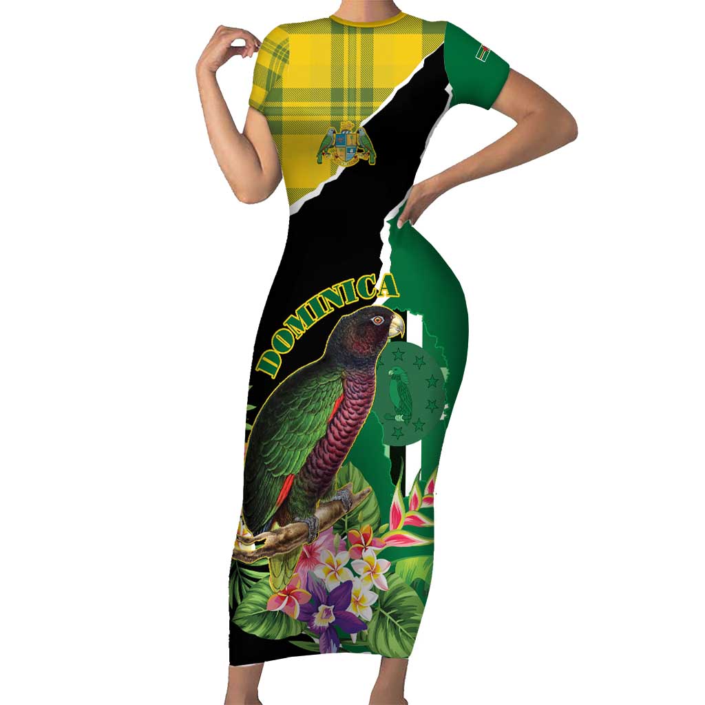 Personalised Dominica Independence Day Short Sleeve Bodycon Dress Sisserou Parrot With Tropical Flowers - Wonder Print Shop