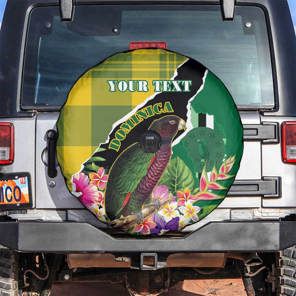 Personalised Dominica Independence Day Spare Tire Cover Sisserou Parrot With Tropical Flowers - Wonder Print Shop