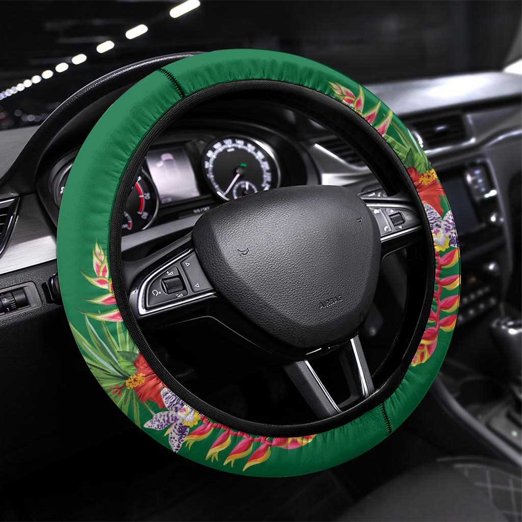 Dominica Independence Day Steering Wheel Cover Sisserou Parrot With Tropical Flowers - Wonder Print Shop