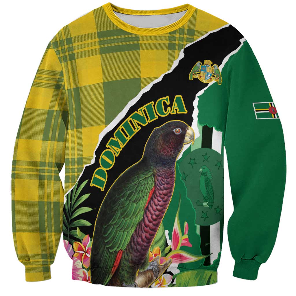 Personalised Dominica Independence Day Sweatshirt Sisserou Parrot With Tropical Flowers - Wonder Print Shop