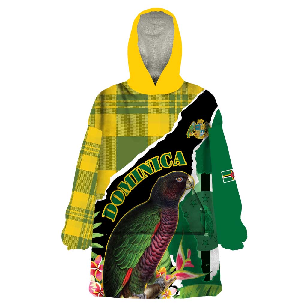 Personalised Dominica Independence Day Wearable Blanket Hoodie Sisserou Parrot With Tropical Flowers - Wonder Print Shop