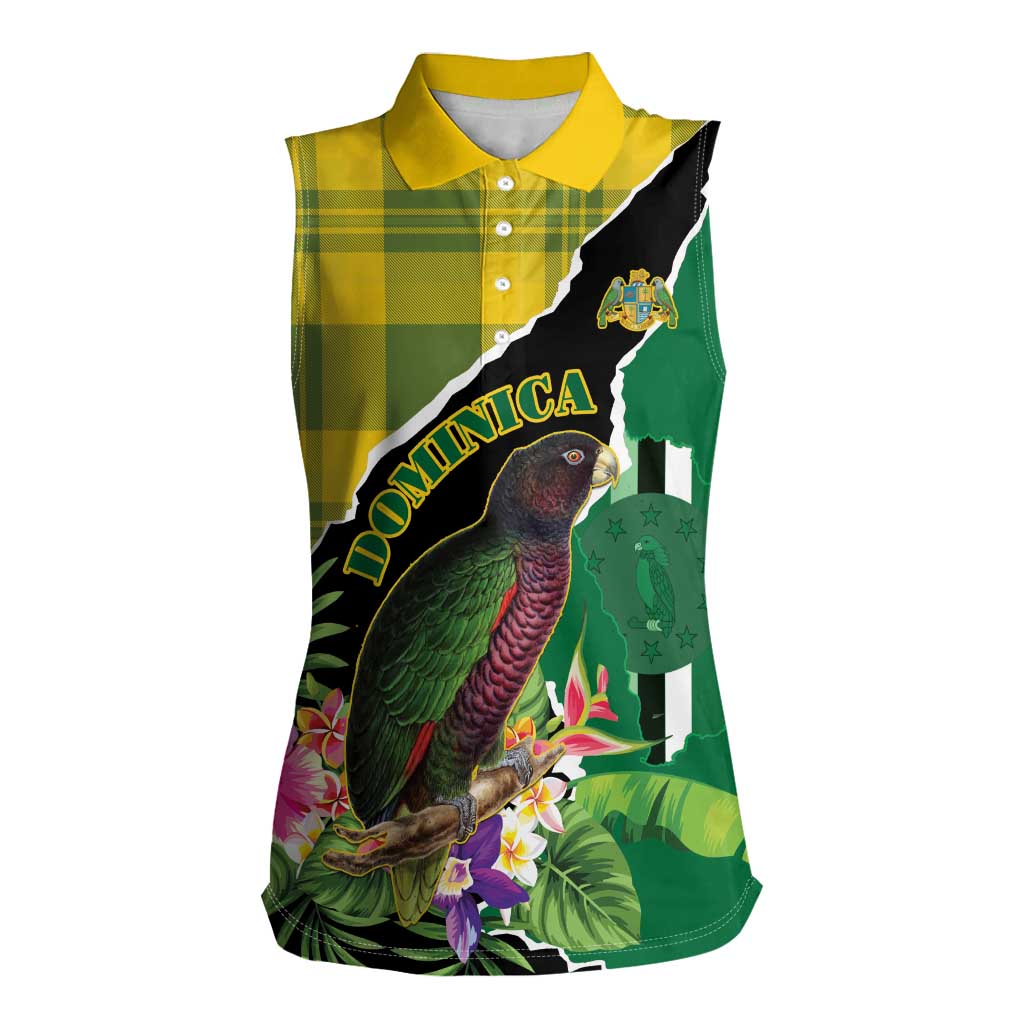 Personalised Dominica Independence Day Women Sleeveless Polo Shirt Sisserou Parrot With Tropical Flowers - Wonder Print Shop