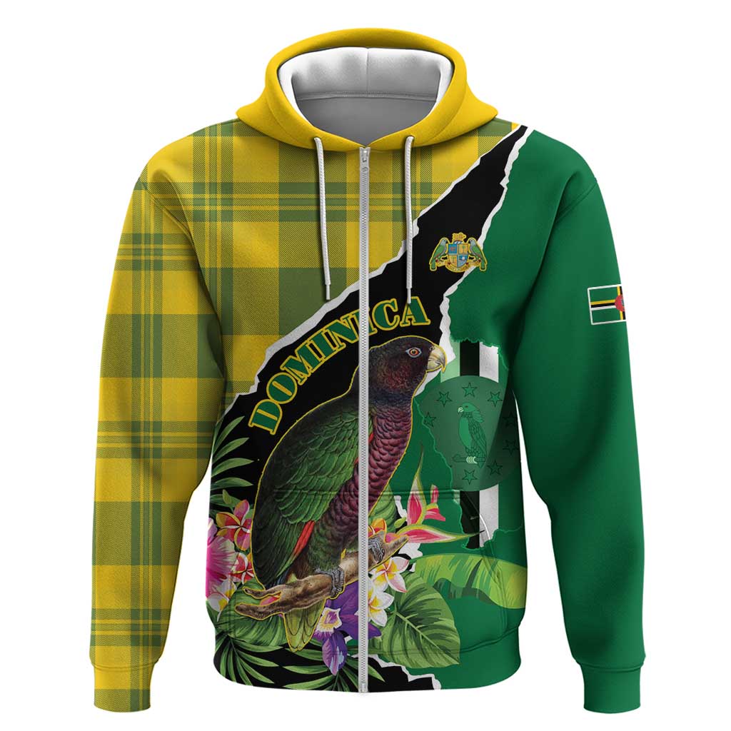 Personalised Dominica Independence Day Zip Hoodie Sisserou Parrot With Tropical Flowers - Wonder Print Shop