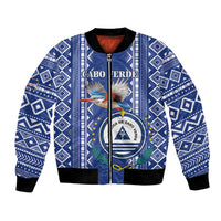 Blue patterned bomber jacket with zip front, crest and bird graphic