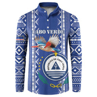 Blue button-up sweatshirt with printed bird and Cabo Verde crest, long sleeves