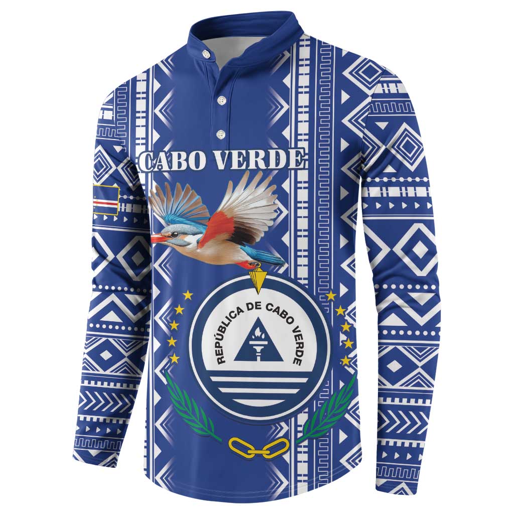 Blue button-up sweatshirt with bird graphic and crest emblem, front view