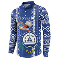 Blue button-up sweatshirt with bird graphic and crest emblem, front view