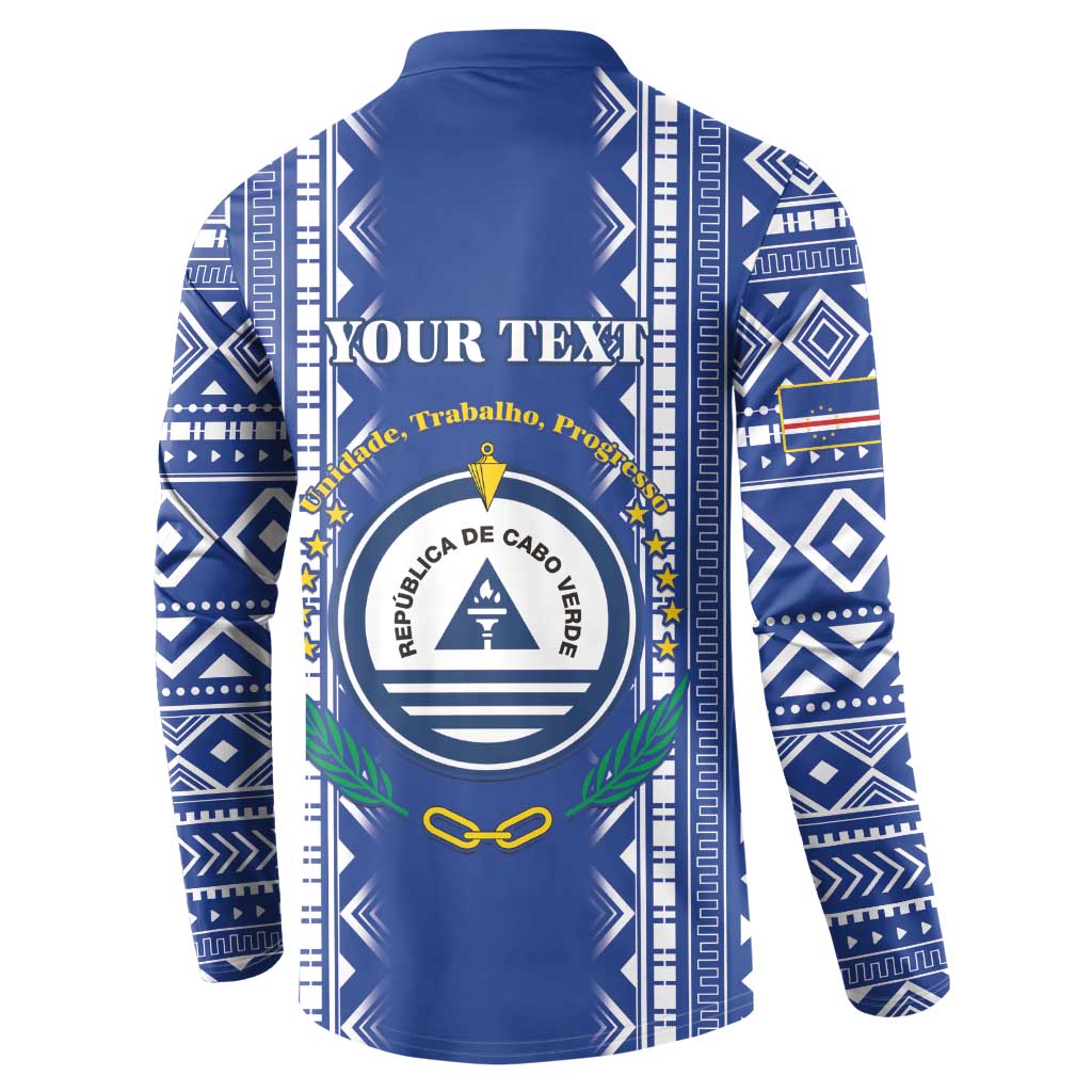 Blue button-up sweatshirt back with custom text and Cabo Verde crest, long sleeves