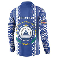 Blue button-up sweatshirt back with custom text and Cabo Verde crest, long sleeves