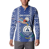 Men's blue button-up sweatshirt with crest and bird graphic, snap buttons, long sleeves