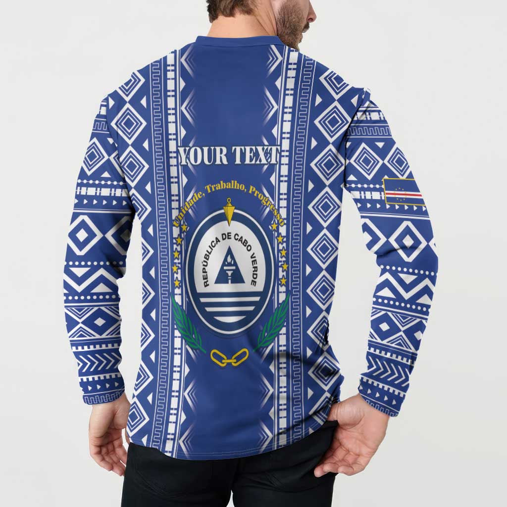 Blue button-up sweatshirt back with crest, custom text, and patterned long sleeves