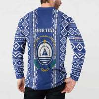 Blue button-up sweatshirt back with crest, custom text, and patterned long sleeves