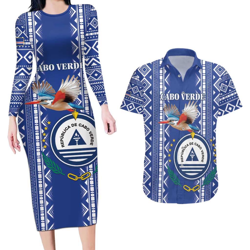 Personalised Cape Verde Couples Matching Long Sleeve Bodycon Dress and Hawaiian Shirt Grey Headed Kingfisher - Coat Of Arms - Wonder Print Shop