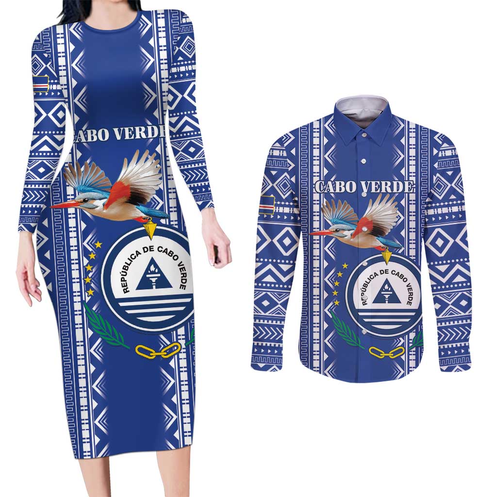 Personalised Cape Verde Couples Matching Long Sleeve Bodycon Dress and Long Sleeve Button Shirt Grey Headed Kingfisher - Coat Of Arms - Wonder Print Shop