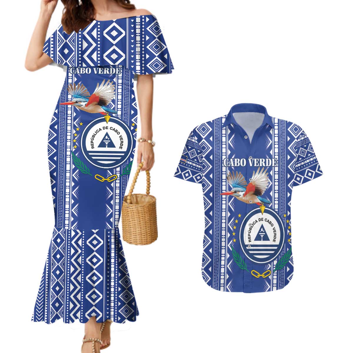 Personalised Cape Verde Couples Matching Mermaid Dress and Hawaiian Shirt Grey Headed Kingfisher - Coat Of Arms - Wonder Print Shop