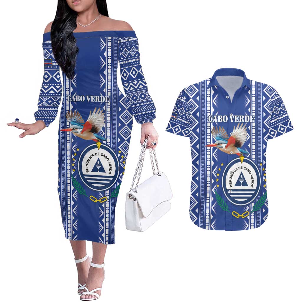 Personalised Cape Verde Couples Matching Off The Shoulder Long Sleeve Dress and Hawaiian Shirt Grey Headed Kingfisher - Coat Of Arms - Wonder Print Shop