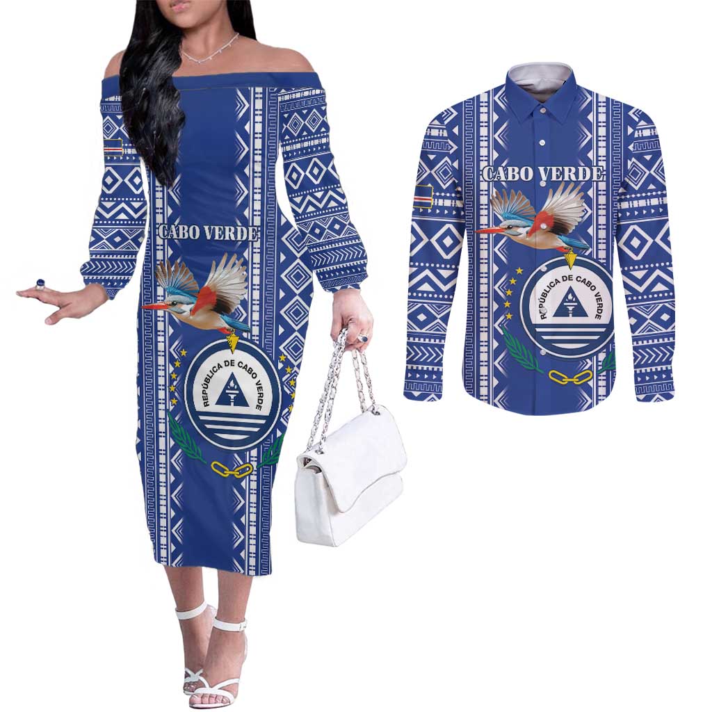 Personalised Cape Verde Couples Matching Off The Shoulder Long Sleeve Dress and Long Sleeve Button Shirt Grey Headed Kingfisher - Coat Of Arms