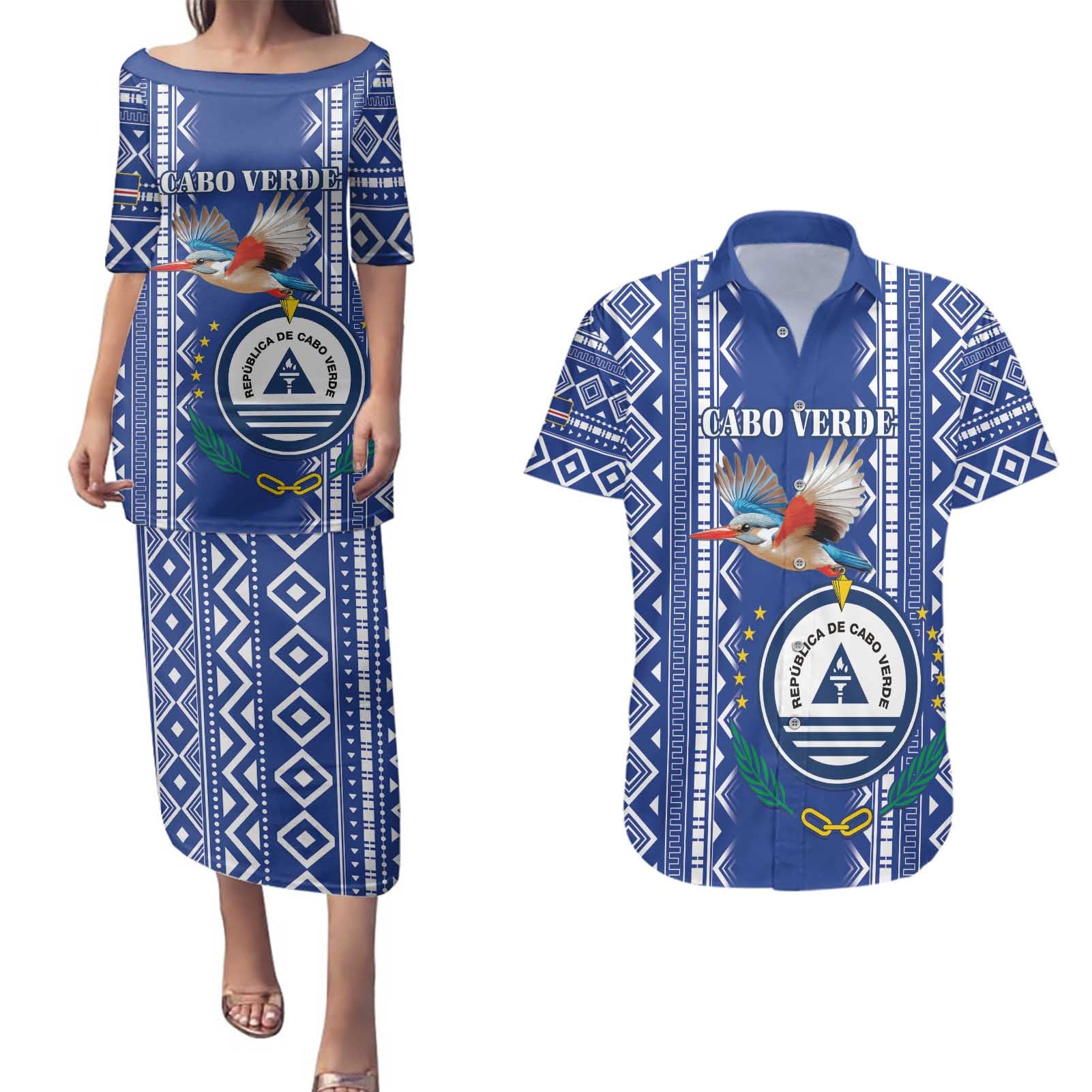 Personalised Cape Verde Couples Matching Puletasi and Hawaiian Shirt Grey Headed Kingfisher - Coat Of Arms - Wonder Print Shop