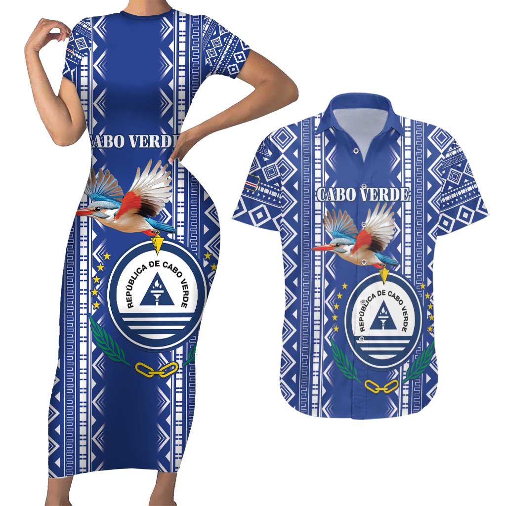 Personalised Cape Verde Couples Matching Short Sleeve Bodycon Dress and Hawaiian Shirt Grey Headed Kingfisher - Coat Of Arms - Wonder Print Shop