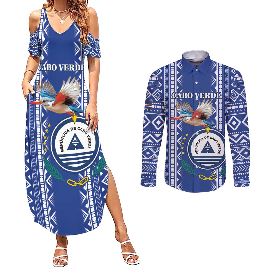 Personalised Cape Verde Couples Matching Summer Maxi Dress and Long Sleeve Button Shirt Grey Headed Kingfisher - Coat Of Arms - Wonder Print Shop