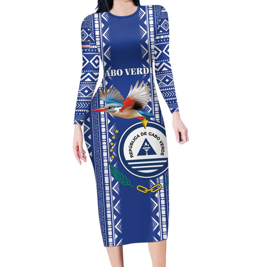 Personalised Cape Verde Long Sleeve Bodycon Dress Grey Headed Kingfisher - Coat Of Arms - Wonder Print Shop