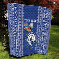 Blue quilt with diamond border, centered kingfisher graphic and Cape Verde crest