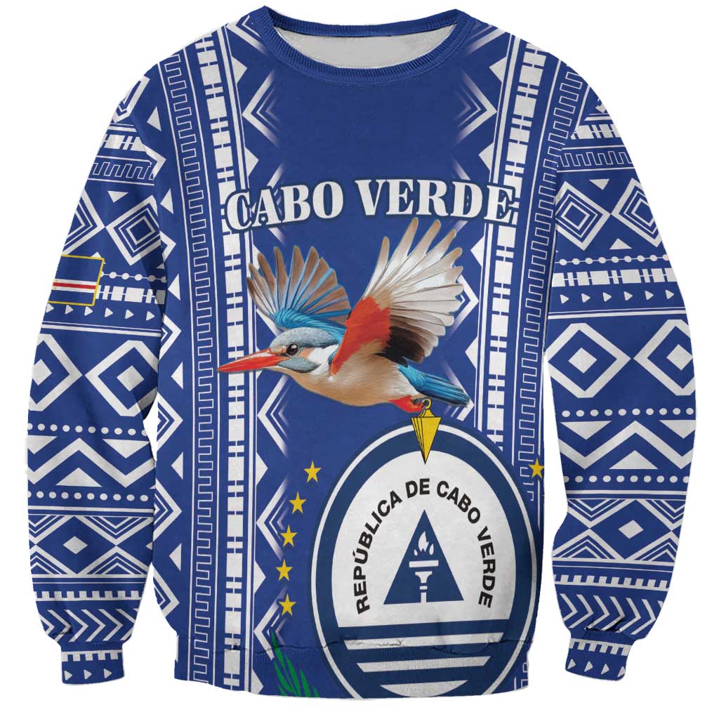 Blue crewneck sweatshirt with Cabo Verde bird graphic and coat-of-arms emblem