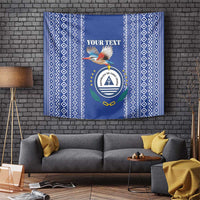 Personalised Cape Verde tapestry on wall, blue rectangle with kingfisher and coat-of-arms crest