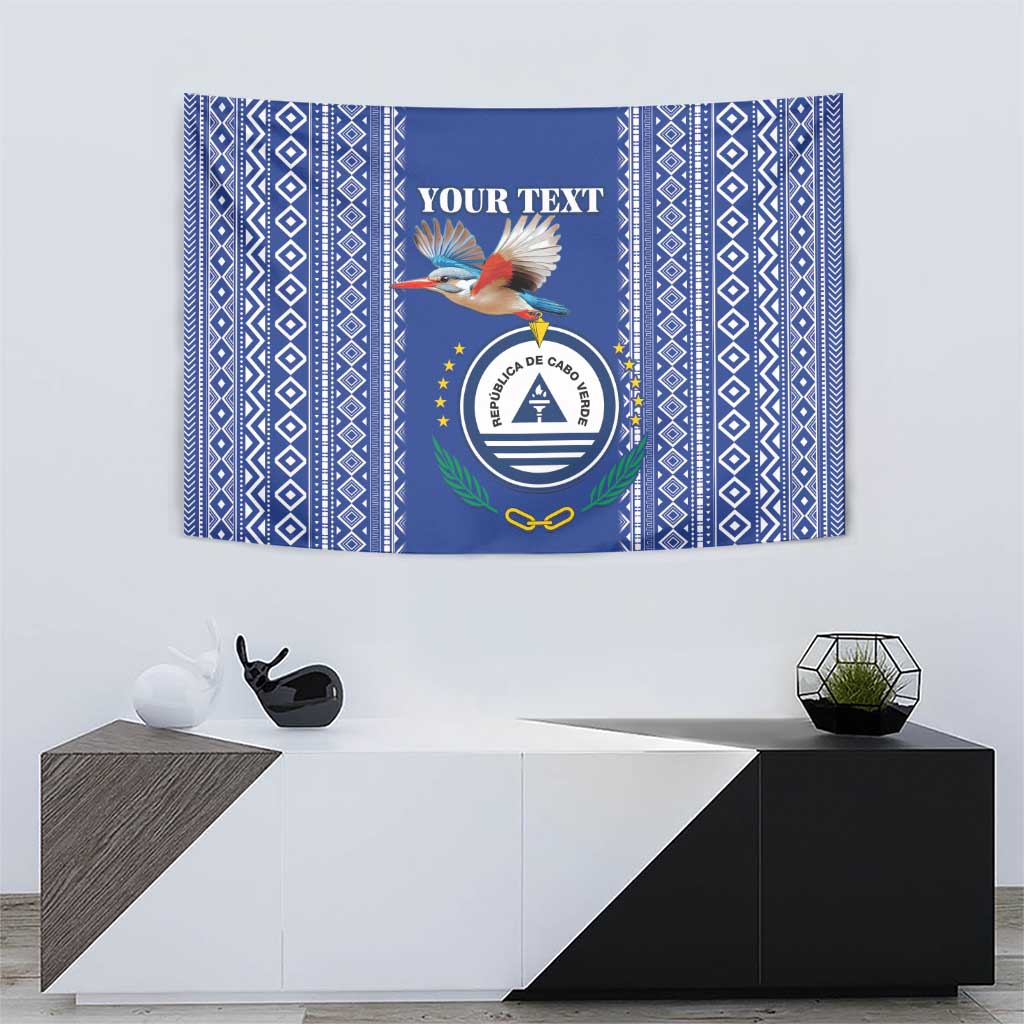 Personalised Cape Verde tapestry, blue rectangular wall hanging with crest and kingfisher